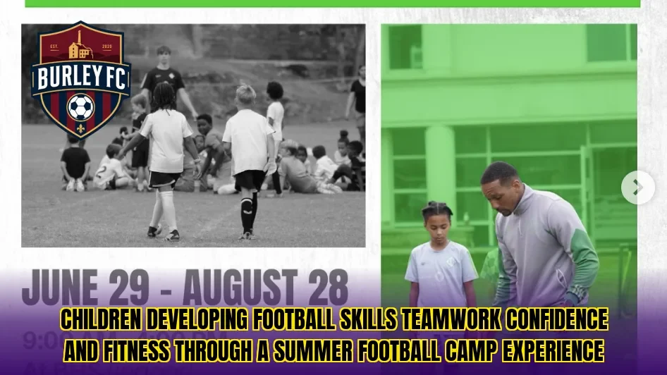Children developing football skills teamwork confidence and fitness through a summer football camp experience