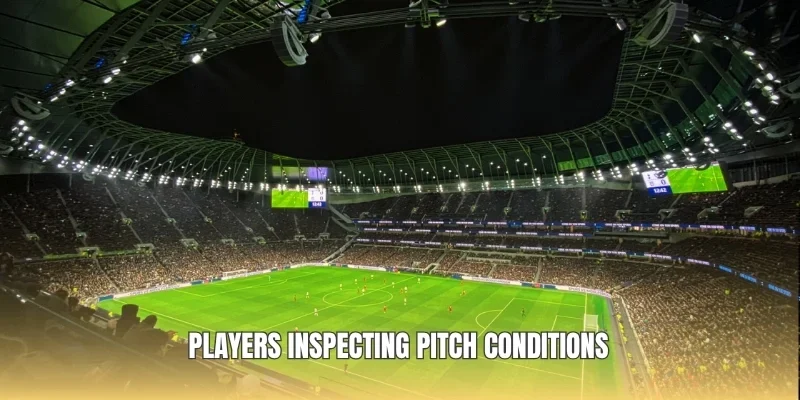 Players inspecting pitch conditions